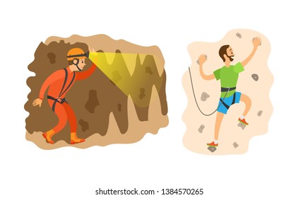 Man wearing helmet with light going in cave, male in carabines for insurance climbing, back and side view of people, extreme or dangerous tourism vector