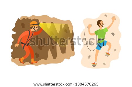 Man wearing helmet with light going in cave, male in carabines for insurance climbing, back and side view of people, extreme or dangerous tourism vector