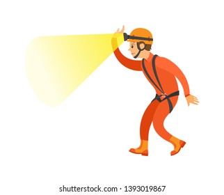 Man wearing helmet with light, male in orange suit with insurance, side and full length view of person, element of extreme or dangerous activity vector