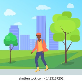 Man wearing helmet, person character going on rollerblades in city park with bench and trees. Boy rollerblading in casual clothes, urban activity vector