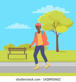 Man wearing helmet, person character going on rollerblades in city park with bench and trees. Boy rollerblading in casual clothes, urban activity vector