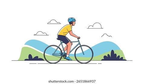 Man Wearing Helmet Riding Bicycle Through Green Hills on Sunny Day Enjoying Outdoor Activity