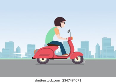 Un hombre con casco montando una moto en la carretera con el fondo de la ciudad. Ilustración vectorial de dibujos animados.