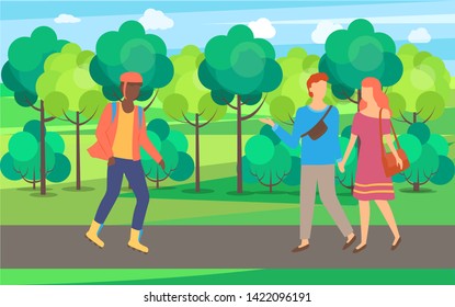 Man wearing helmet and roller-skates, couple meeting in park, green trees and sunny weather, people characters in casual clothes going on road vector