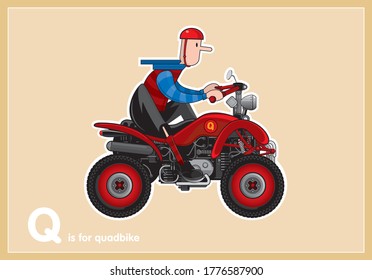 Man wearing a helmet seated on a red quad bike childrens vector illustration