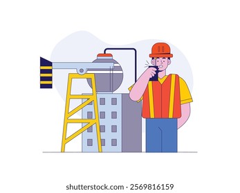 A man wearing a helmet and vest is talking on a walkie talkie, communicating while working in an industrial area. Character design. Vector flat illustration