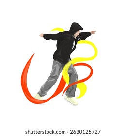 a man wearing a hoodie jumping surrounded by colorful glowing lines