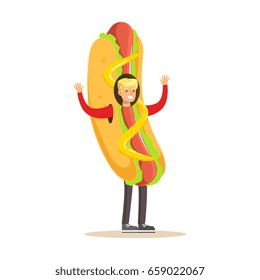 Man wearing hot dog costume, fast food snack character vector Illustration