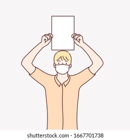 Man wearing hygienic mask to prevent the virus  PM2.5 and holding white blank paper.Hand drawn style vector design illustrations.