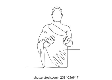 A man wearing an ihram prays. Hajj one-line drawing