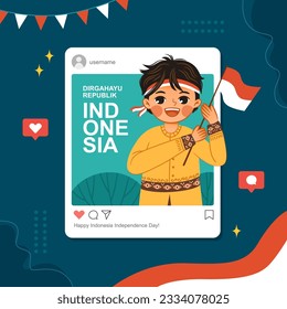 Man wearing indonesian traditional costume holding indonesian flag celebrate hut ri