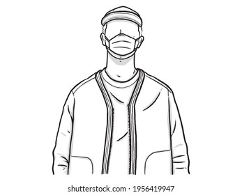 A man wearing a jacket and a hat. Wear a mask. New normal. Human character on white background. Hand drawn style vector design illustrations.