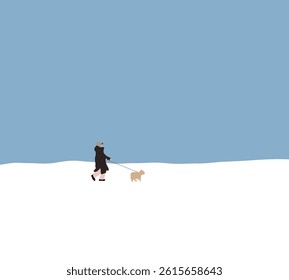 Man wearing jacket having walk with dog in winter snow park countryside. Pet friendly. Enjoying holiday vacation. 
