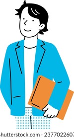 A man wearing a jacket and holding a computer