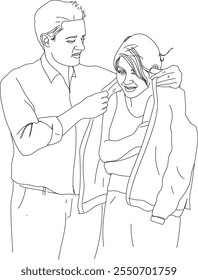 the man wearing a jacket on his girlfriend. line drawing 