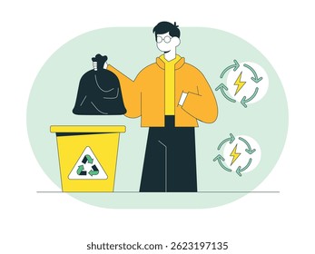 Man wearing jacket throwing trash to recycle, maintaining the balance of nature. Character design. Vector flat illustration