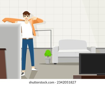man wearing jacket while standing in front of the mirror In the living room, there is a TV, tree pot and sofa. People feeling happy with holiday at home. Vector illustration cartoon style lifestyle 