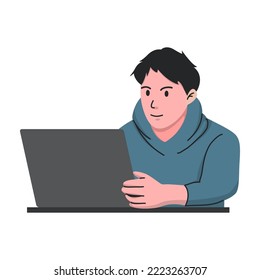 Der Mann mit Jacke arbeitet an Laptop, der seine Freizeit- oder Vollzeitarbeit im Büro oder zu Hause erledigt, von zu Hause aus arbeitet, von der Illustration, Menschen Vektorgrafik.