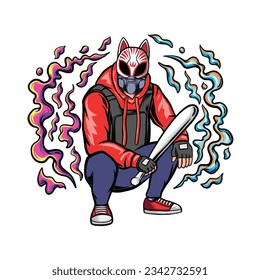 Man wearing Japanese fox mask with holding baseball stick isolated on white. Good for sticker, print, t shirt design apparel