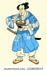 Man Wearing Kimono Eating Ramen Illustration in Edo Style