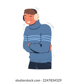 Man wearing knitted sweater and earmuffs feeling freeze and shivering cartoon vector illustration