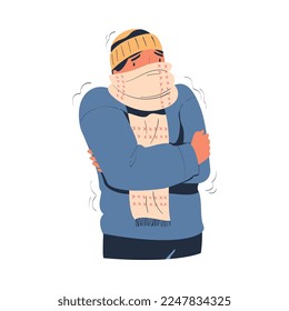 Man wearing knitted sweater, scarf and hat feeling freeze trying to warm during winter or autumn season cartoon vector illustration