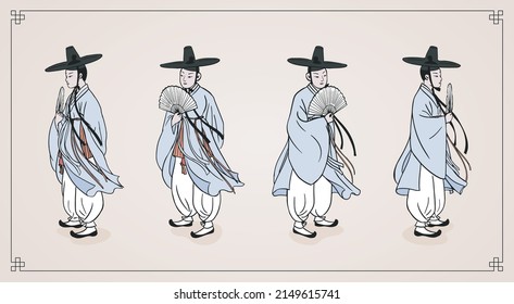 Hombre con ropa tradicional coreana (Hanbok). Ilustración vectorial. 