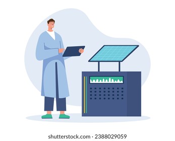 Man wearing a lab coat is checking the control of a solar panel being developed, an innovation that saves power. Character design. Vector flat illustration