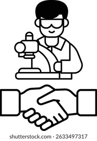 A man wearing a lab coat and glasses is shown shaking hands with another man. Concept of collaboration and partnership between the two individuals