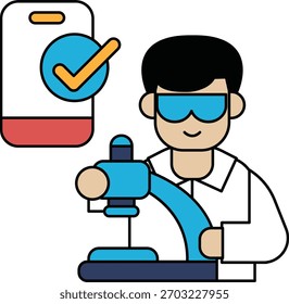 A man is wearing a lab coat and goggles and is holding a device. The device has a check mark on it