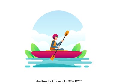 A Man Wearing A Life Vest And Helmet Is Rowing A Canoe In The River. Kayaking Vector. Rafting Illustration Background Element
