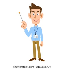 A man wearing a light blue shirt with an employee ID card and a pointer in his hand