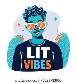 A man wearing lit vibes typography shirt, a flat sticker