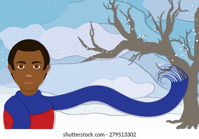 A man wearing an long blue scarf blowing in the frosty winter wind along with snowflakes and a bare tree to the side in this cup-paper style illustration.