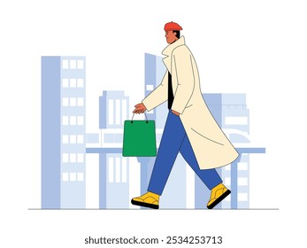 Hombre con abrigo largo y sombrero llevando bolso de papel, caminando de vuelta a casa después de ir de compras, Ilustración vectorial de vida urbana moderna.