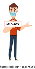 man wearing mask and advice for stay home. coronavirus prevent advice