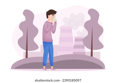 Man Wearing Mask Because of Bad Air and Dust in the City Vector Illustration