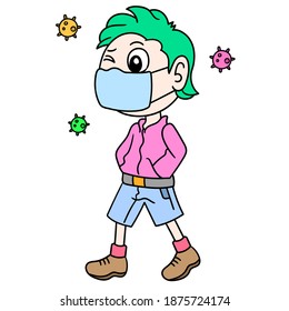 a man wearing a mask, behavior to prevent the virus from catching doodle kawaii. doodle icon image. cartoon character cute doodle draw