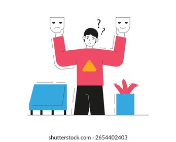 Um homem usando uma máscara expressando felicidade e tristeza, mostrando sua personalidade enquanto socializa. Design de caracteres. Ilustração plana vetorial.