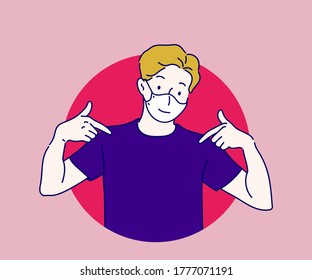 Man wearing a mask, he looking confident and pointing oneself with fingers proud and happy. Hand drawn in thin line style, vector illustrations. (A Mask can be removable)