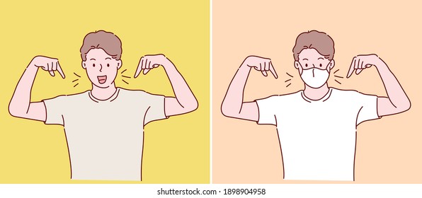 Man wearing a mask, he looking confident and pointing oneself with fingers proud and happy. Hand drawn in thin line style, vector illustrations. (A Mask can be removable)