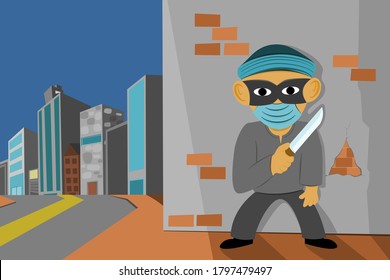 A man wearing a mask holding a knife standing behind a wall,corner robber at night