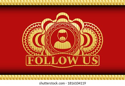 Man wearing mask icon and FOLLOW US text Gold and Red emblem. Traditional fancy background. Illustration. 