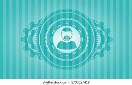 Man wearing mask icon inside Turquoise color realistic badge. Bars graceful background. Illustration. 