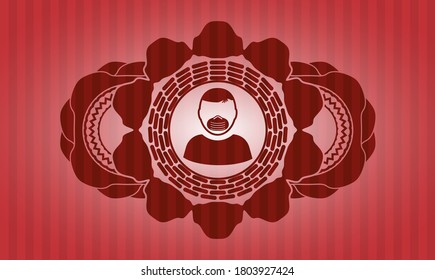 Man wearing mask icon inside red realistic badge. Bars fashionable background. Illustration. 