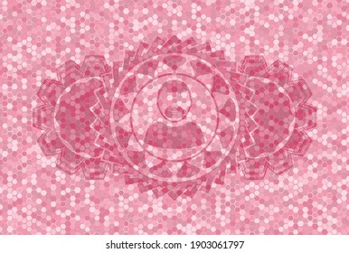 Man wearing mask icon inside pink color tiles mosaic style pattern realistic badge. Geometric hexagon fashionable background. Intense illustration. 
