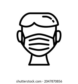 Hombre con un vector de icono de máscara con estilo de contorno aislado en fondo blanco. Icono de símbolo de señal de flujo de aire de ilustración vectorial para medicina, covid-19, web, aplicaciones, tecnología y proyecto