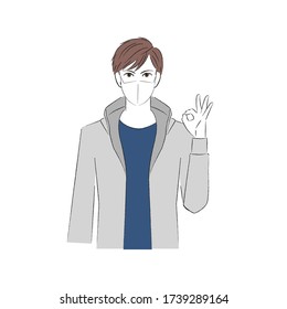Ein Mann, der eine Maske trägt und mit seinen Fingern einen Kreis macht