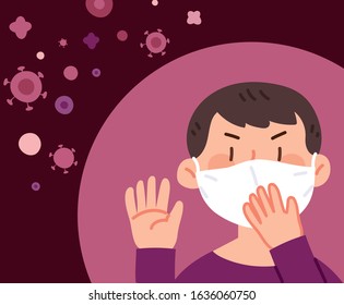 Man wearing a mask to prevent corona virus. The man is making a bad mood. Wuhan pneumonia, corona virus vector illustration.