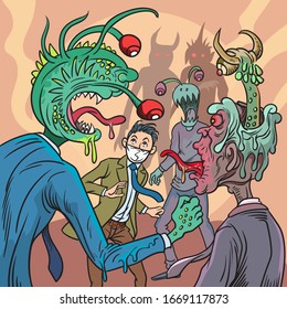 The man is wearing a mask to prevent virus infection, afraid of the demons around him.  Hand drawn style vector illustration.
